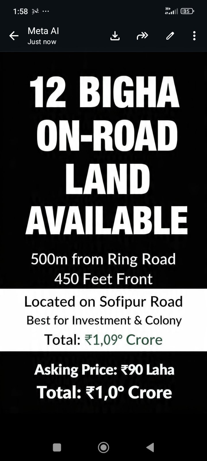 12 bigha onroad land in Sofipur road. Ring road ka pass hai (front 420feet)